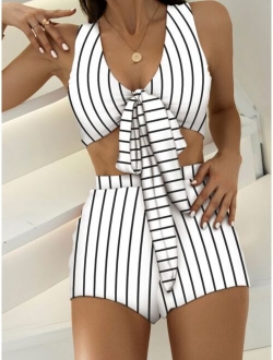 Striped Knot Front Bikini Swimsuit