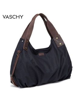 VASCHY Canvas Hobo Bag Vintage Large Leather Canvas Tote Handbag for Women Top Handle Work Bag with Detachable Shoulder Strap