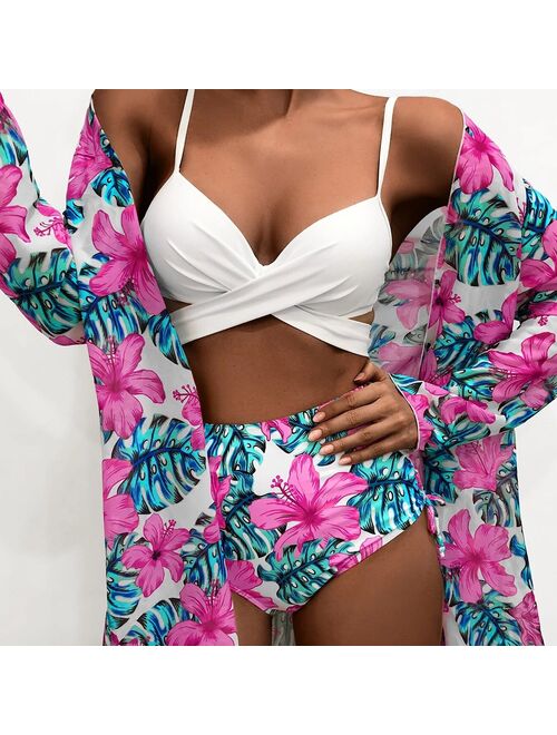 New Bikini Swimwear Women Fashion Printing Sexy Bikini 3 Piece Mesh Split Swimsuit Beach Suit Beach Wear Biquini Bathing Suit