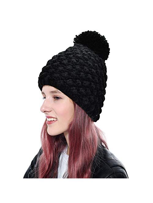 Womens Winter Beanie Hat, Warm Casual Hat Skullies, Skull Ski Cap with Pom Pom