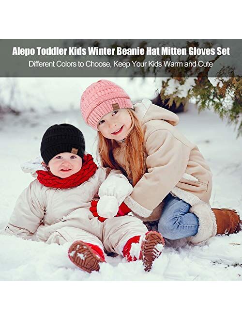 Winter Mittens Gloves Beanie Hat Set for Kids Baby Toddler Children, Knit Thick Warm Fleece Lined Thermal Set for Boy Girl