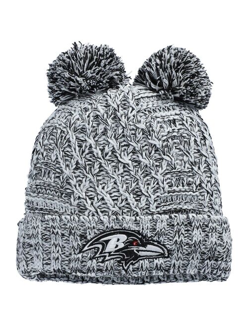 Girls Youth New Era Heathered Gray Baltimore Ravens Cuffed Knit Hat with Poms