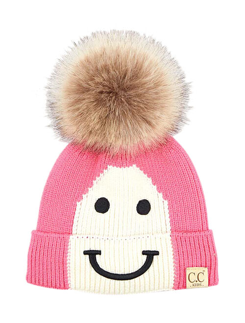 C.C® Candy Pink & Ivory Smiley Face Faux Fur Pom-Pom Beanie - Kids