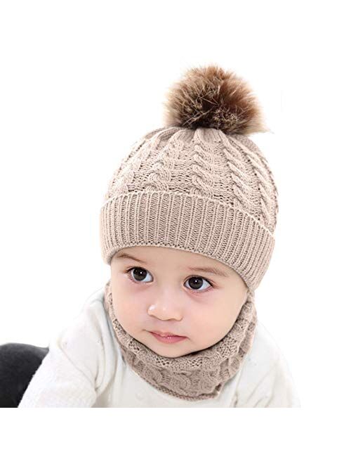 BQUBO Baby Knit Hat Scarf Set Winter Warm Beanie Toddler Hats with Circle Scarf for Infant Pompom Hat