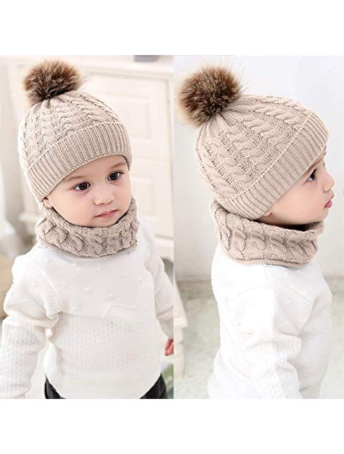 BQUBO Baby Knit Hat Scarf Set Winter Warm Beanie Toddler Hats with Circle Scarf for Infant Pompom Hat