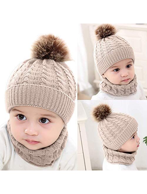 BQUBO Baby Knit Hat Scarf Set Winter Warm Beanie Toddler Hats with Circle Scarf for Infant Pompom Hat