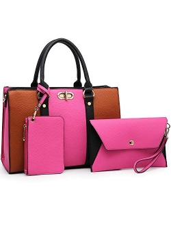 Womens Fashion Two Tone Handbags Top Handle Satchel Shoulder Bag with Matching Wristlet Purse Set