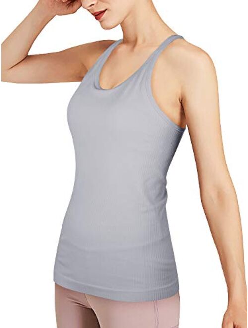Maintain Vigour Ribbed Tank Top with Built in Bra Racerback Tight Workout Athletic Shirts Padded Bra Camisole for Women