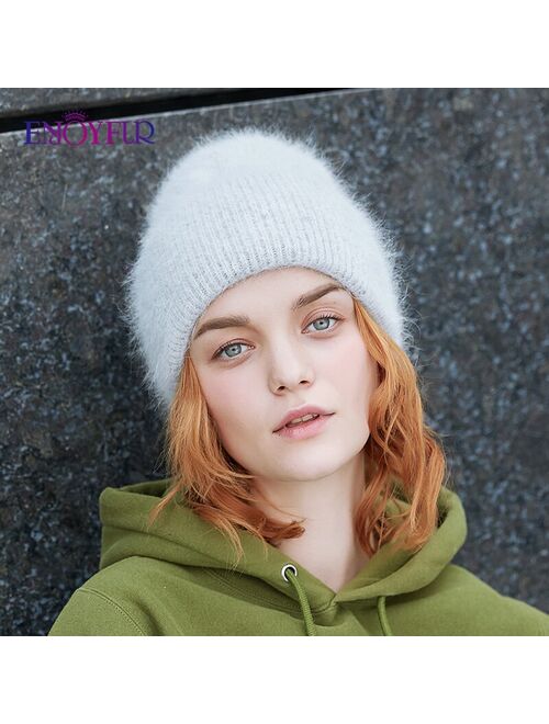 ENJOYFUR Winter hats for women warm long rabbit fur hair female caps fashion solid colors wide cuff young style beanies