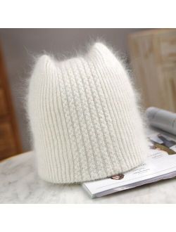 oZyc Warm lovely Winter Knitted Hats for Women Casual Soft Warm Angola Rabbit Fur Beanie hats for glris lady Bonnet Gorros