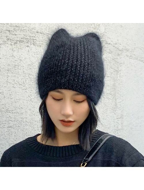 oZyc Warm lovely Winter Knitted Hats for Women Casual Soft Warm Angola Rabbit Fur Beanie hats for glris lady Bonnet Gorros