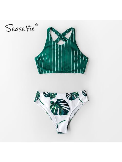 SEASELFIE Sexy Teal Stripe and Leaves Print Bikini Sets Women Tank Swimsuit Two Pieces 2021 Girls Beach Bathing Suits Swimwear