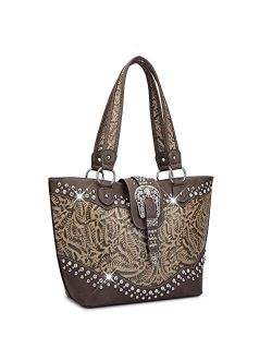 Designer Western Style Rhinestone Belt Buckle Camo Women's Tote Handbag Perfect Shoulder Bag