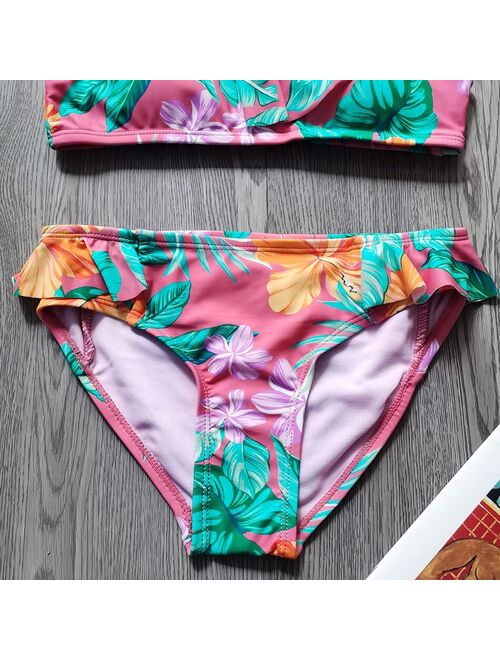 Tropical Flower Girl Swimsuit Kids Ruffle Two Piece Children's Swimwear 7-16 Years Girl Bikini Set Girls Bathing Suit Beachwear