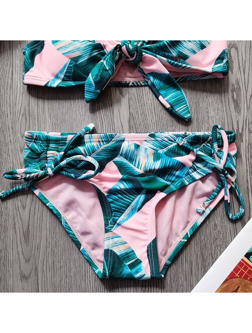 Ms.Shang 7-16 Years Girl Swimsuit Kids Tropical Two Piece Children's Swimwear Cross Back Girl Bikini Set Bow Tie Girls Bathing Suit 2021