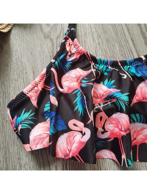 Ms.Shang Flamingo Flounce Girl Swimsuit Kids 7-14 Years 2 Piece Children's Swimwear Halter Top Teenage Girl Bikini Set Girls Bathing Suit