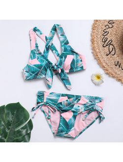 Ms.Shang Tropical Leaf Girls Swimsuit Kids Bow Tie Girl Bikini Set Cross Back Two Piece Children's Swimwear Girls Bathing Suit Beachwear
