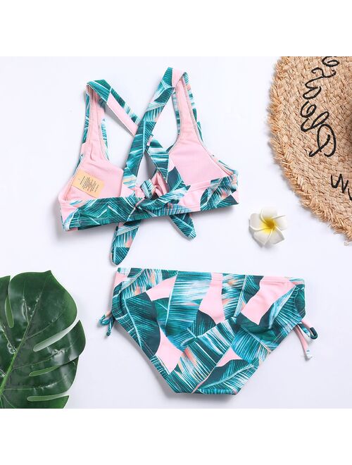 Buy Ms.Shang Tropical Leaf Girls Swimsuit Kids Bow Tie Girl Bikini Set ...