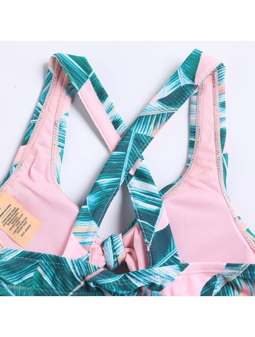 Ms.Shang Tropical Leaf Girls Swimsuit Kids Bow Tie Girl Bikini Set Cross Back Two Piece Children's Swimwear Girls Bathing Suit Beachwear