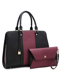 Women Handbag and Purse Two-tone Satchel Bag Top Handle Work Tote Padlock Shoulder Bag Three Compartments