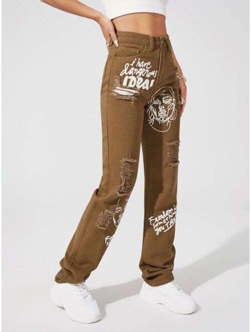 Figure and Slogan Graphic Ripped Detail Straight Leg Jeans