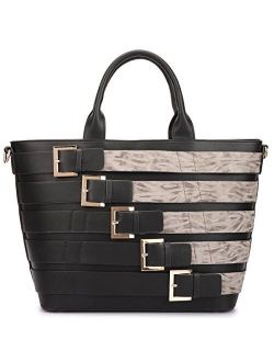 Women Large Fashion Handbag Top Handle Tote Bag Shoulder Bag w/Decorative Buckle Design