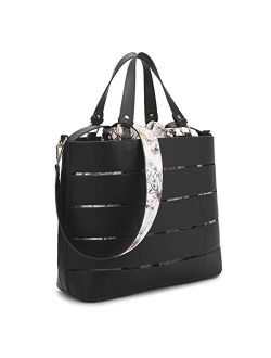 2Pcs Women Large Tote Handbag Top Handle Purses Floral Shoulder Bag Fashion Satchel (7359-Plain black)
