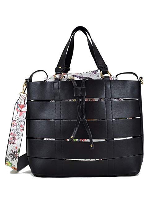 DASEIN 2Pcs Women Large Tote Handbag Top Handle Purses Floral Shoulder Bag Fashion Satchel (7359-Plain black)