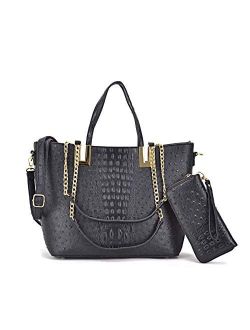 Women's Fashion Ostrich Tote Bag Top Handle Shoulder Bag Chain Strap Bag W/Matching Wallet