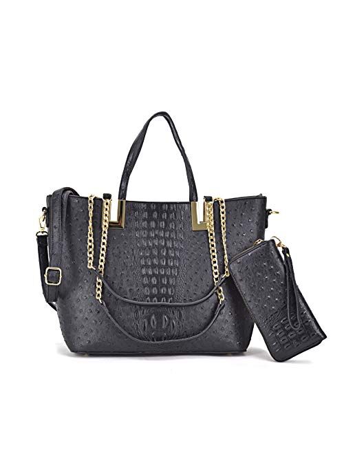 DASEIN Women's Fashion Ostrich Tote Bag Top Handle Shoulder Bag Chain Strap Bag W/Matching Wallet