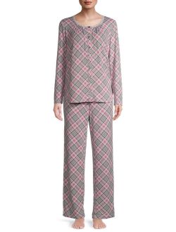Women's and Women's Plus Traditional V-Neck Long Sleeve Top and Pants Pajama Set