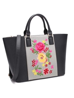 Womens Large Floral Embroidery Tote Handbag Two Tone Top Handle Bag Work Satchel Purse