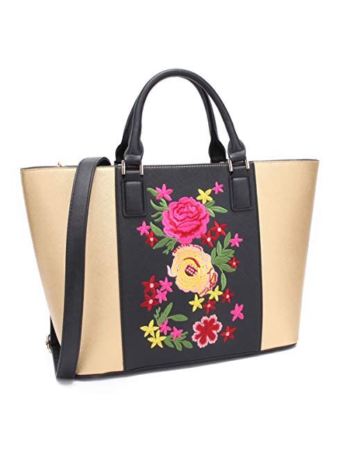 DASEIN Womens Large Floral Embroidery Tote Handbag Two Tone Top Handle Bag Work Satchel Purse