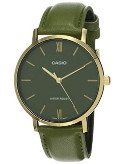 MTP-VT01GL-3B Men's Minimalistic Gold Tone Green Leather Band Green Dial 3-Hand Analog Watch