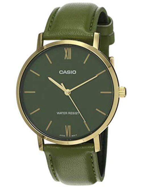 Casio MTP-VT01GL-3B Men's Minimalistic Gold Tone Green Leather Band Green Dial 3-Hand Analog Watch