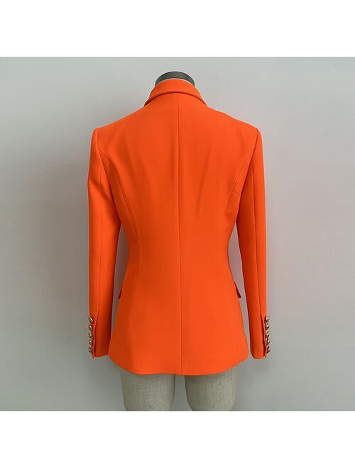 O'ZACKET HIGH STREET Classic Baroque Designer Blazer Women's Metal Lion Buttons Double Breasted Blazer Orange