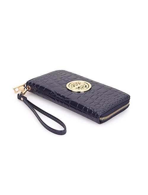 Dasein Lady Women Fashion Clutch Collection Zip Around Emblem Long Wallet Purse w/Removable Wrist Strap