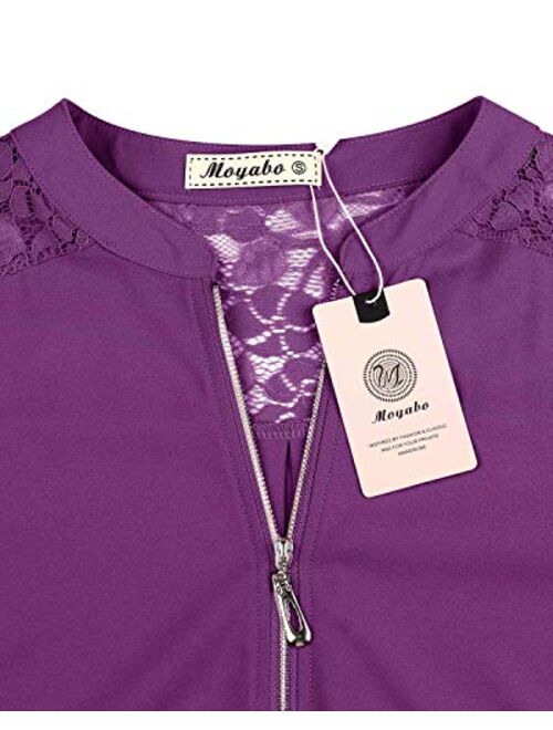 Moyabo Womens Lace Patchwork 3/4 Cuffed Sleeve V Neck Zip Up Chiffon Shirt Casual Blouse Tunic Tops