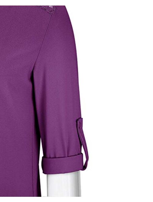 Moyabo Womens Long Sleeve Blouse Top V Neck Lace Patchwork Zip Up Chiffon Shirt Casual Tunic Tops