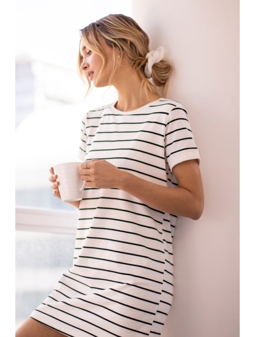 Lulus Cafe Society Black and Cream Striped Shirt Dress