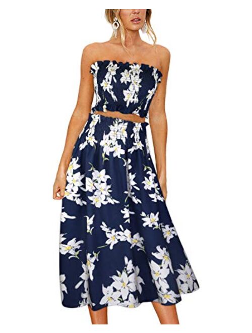 ULTRANICE Women's Floral Print Tube Crop Top Maxi Skirt Set 2 Piece Outfit Dress with Pockets