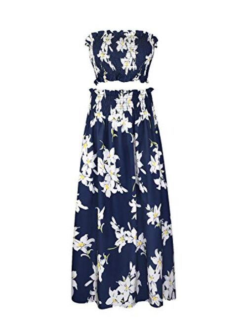 ULTRANICE Women's Floral Print Tube Crop Top Maxi Skirt Set 2 Piece Outfit Dress with Pockets