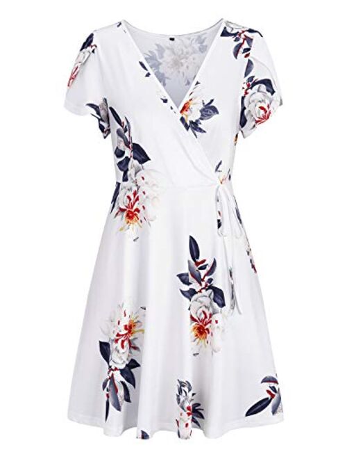 ULTRANICE Womens Summer Short Sleeve Floral V Neck Casual Swing Dress