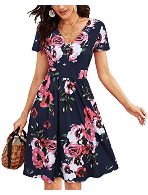 ULTRANICE Women Casual Long Sleeve Dresses V Neck Swing Dress with Pockets