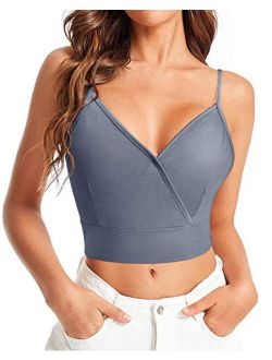 Women's Casual V Neck Front Wrap Crop Cami Top Spaghetti Strap Shirts