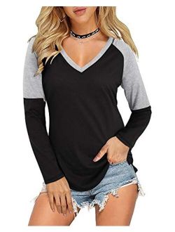 Casual Tops for Women Short/Long Sleeve T Shirts Blouse V-Neck Color Block Tunic Tops