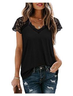 Women's V Neck Lace Tank Tops Summer Casual Sleeveless Blouse Shirts