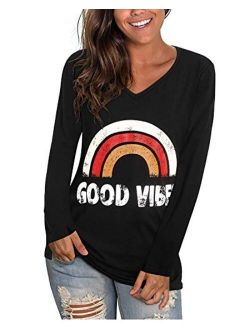Women's Casual V Neck Long Sleeve T Shirts Graphic Tee