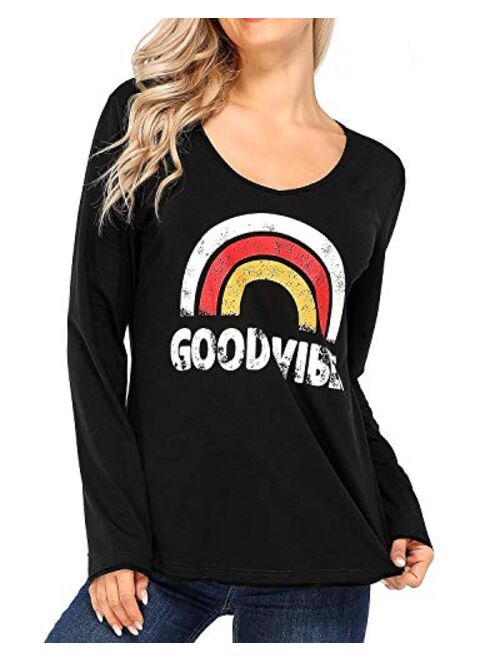 ULTRANICE Women's Casual V Neck Long Sleeve T Shirts Graphic Tee