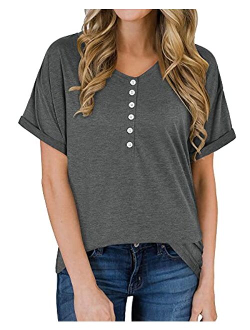 ULTRANICE Womens Short Sleeve T Shirts V-Neck Button Tops Casual Loose Henley Blouse